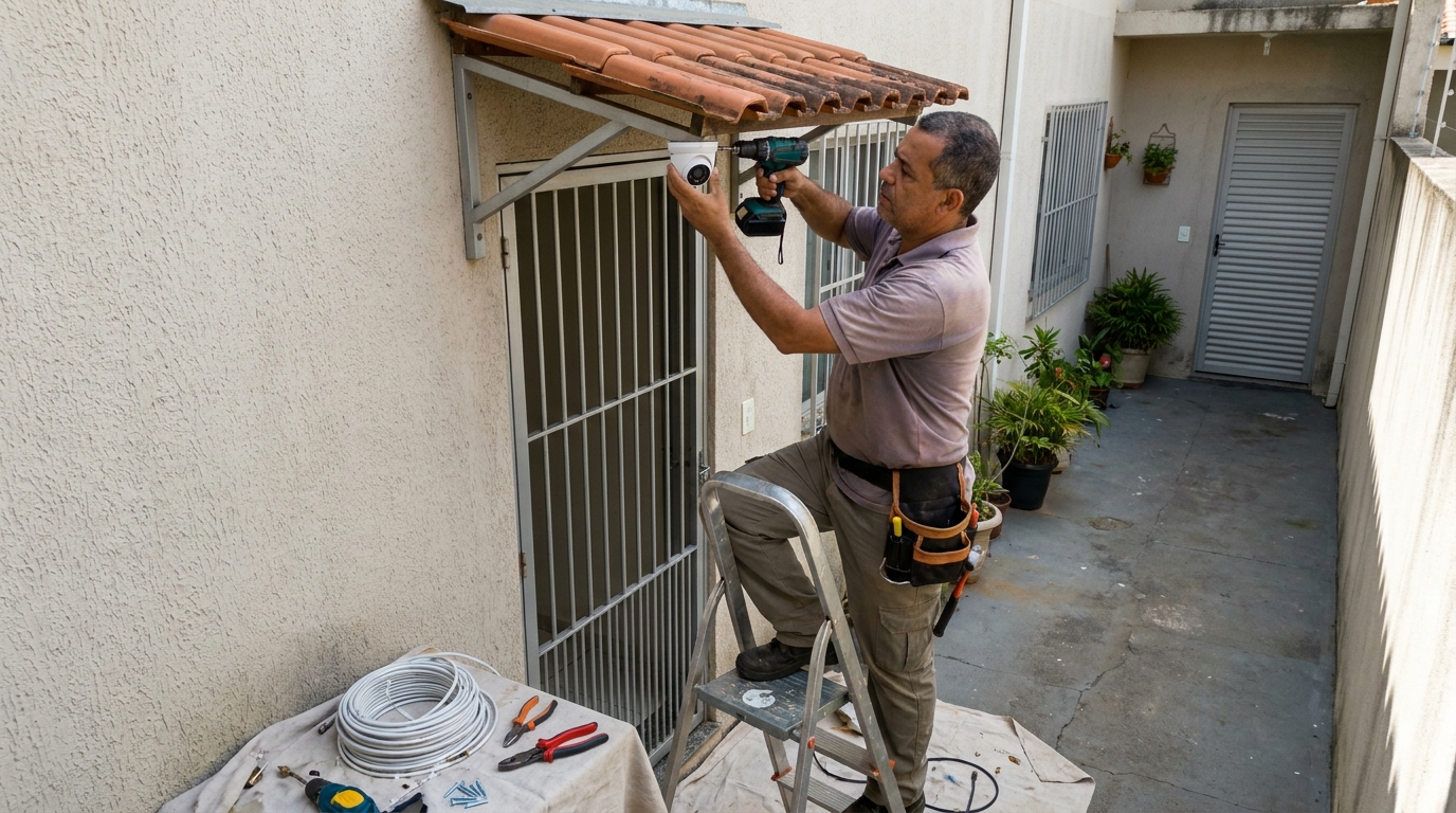 Eletricista instalando cameras de seguranca em Cotia‑SP