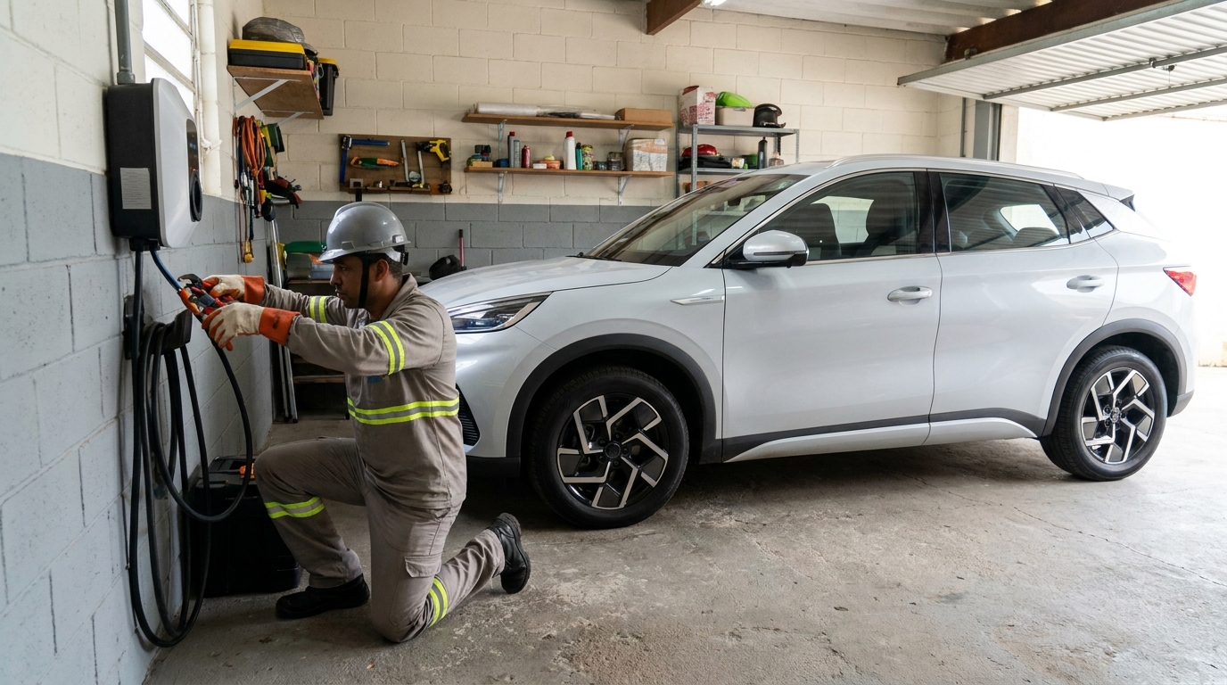 Eletricista instalando carregador de carro eletrico em Cotia‑SP