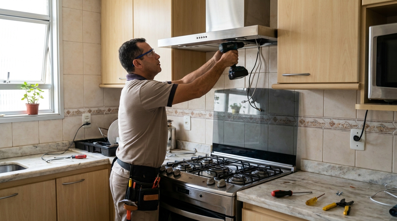 Eletricista instalando coifa em Cotia‑SP