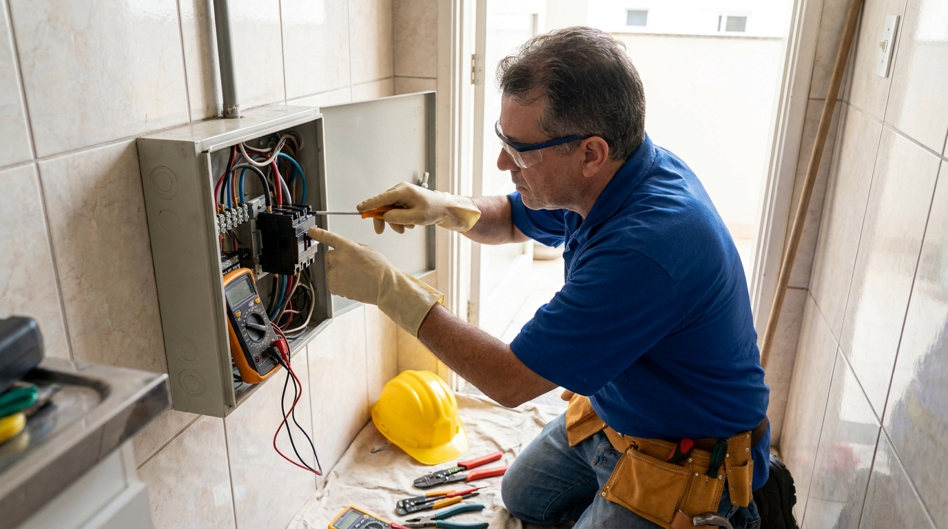 Eletricista instalando disjuntor em Cotia‑SP
