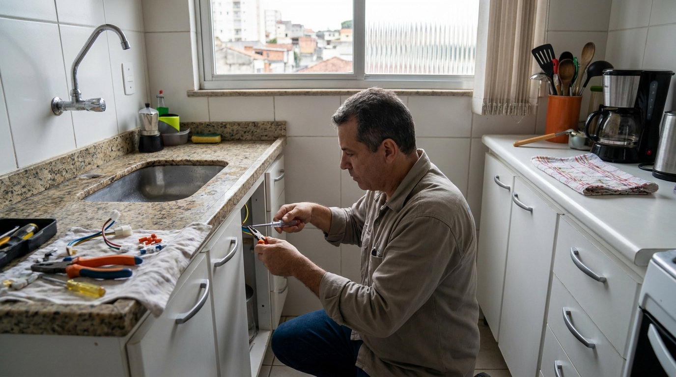 Eletricista instalando torneira eletrica em Cotia‑SP
