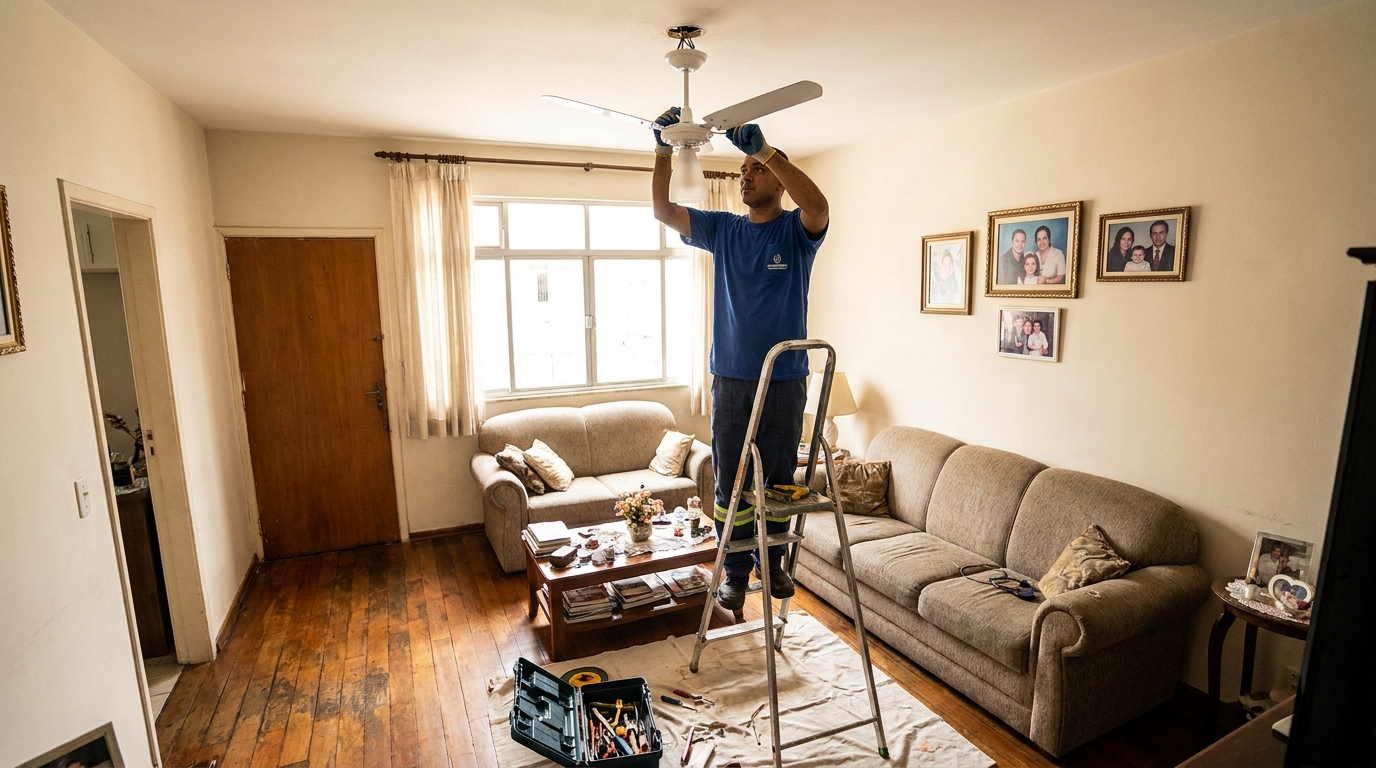 Eletricista instalando ventilador de teto em Cotia‑SP
